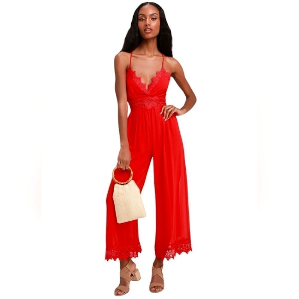 Lulus Sunny Day Dream Red Lace Jumpsuit Feminine Sexy Size Small